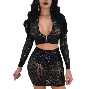 Sexy Perspective Sequin Women\'s Set Long Sleeve Short Bomber Jacket Crop Tops+Mini Pencil Skirt Wom
