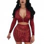 Sexy Perspective Sequin Women\'s Set Long Sleeve Short Bomber Jacket Crop Tops+Mini Pencil Skirt Wom