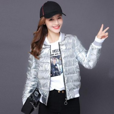 New Winter Women Cotton Padded Jacket Fashion Metal Golden Silver Jacket Short Feminino Woman Girls 