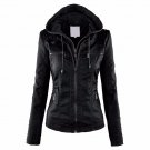 Fashion Winter Women Convertible Collar Black Faux Leather Long Sleeve O-Neck Coat Detachable Hooded