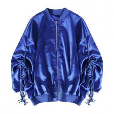 Cakucool Women Loose Bomber Jacket Metallic Blue Long Sleeve Baseball Jacket Fashion Pleated Sleeve 