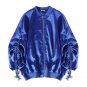 Cakucool Women Loose Bomber Jacket Metallic Blue Long Sleeve Baseball Jacket Fashion Pleated Sleeve 