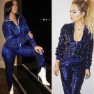 2018 Africa women suits fashion blue sequin glitter bomber jacket spring outfit hoodie Pant set Trac