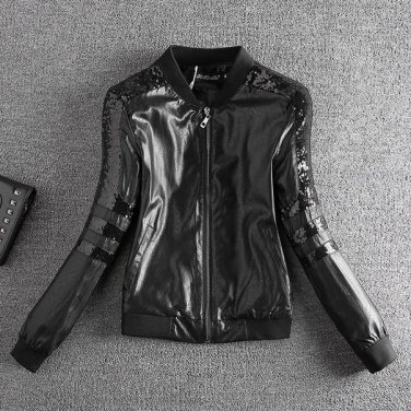 Basic jacket coat outerwear coats Black faux leather jacket sequin women Short winter bomber jacket 