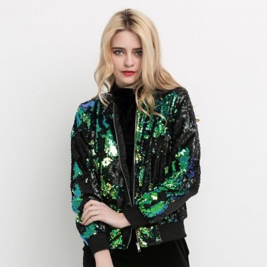 Jacket Women Autumn Sequined Long Sleeve Turn-down Collar Zipper Streetwear Bomber Jacket Preppy Loo
