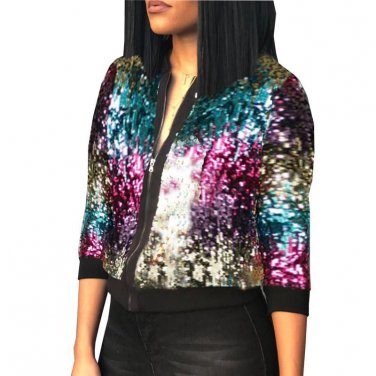 2017 Autumn Winter Sequin Jacket Womens Sparkly Bomber Jacket Three Quater Sleeve Zipper Glitter Str