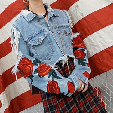 Rugod Rose Embroidery Denim Jacket For Women Coat Autumn Ripped Hole Long Sleeves Jackets Jeans Bomb