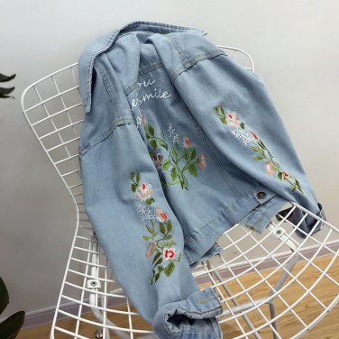 Summer/Spring Women Thin Floral Embroidery Single Breasted Bomber Denim Jacket Loose Jaqueta Jeans C