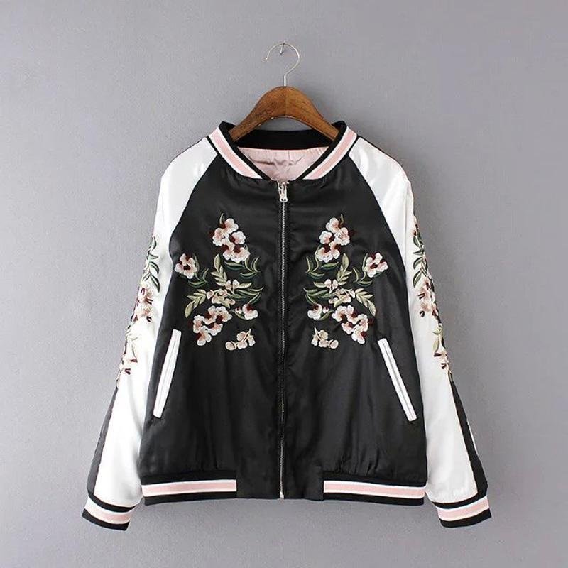 Women Vintage Embroidery Sakura Floral Flowers Jacket Casual Two Side Wear Baseball Coat Bomber Pilo