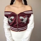 Heyouthoney Womens off shoulder satin bomber cropped baseball jackets spring embroidered souvenir ea