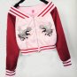 Heyouthoney Womens off shoulder satin bomber cropped baseball jackets spring embroidered souvenir ea