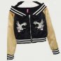 Heyouthoney Womens off shoulder satin bomber cropped baseball jackets spring embroidered souvenir ea