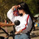 Fashion Side Ribbon Oversized Women Crop Bomber Jacket Long Sleeve Loose Casual Short Coats with Zip