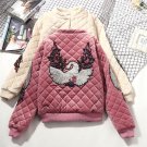 Women Embroidered Cotton Padded Warm Velours Bomber Jacket In Diamond Pattern