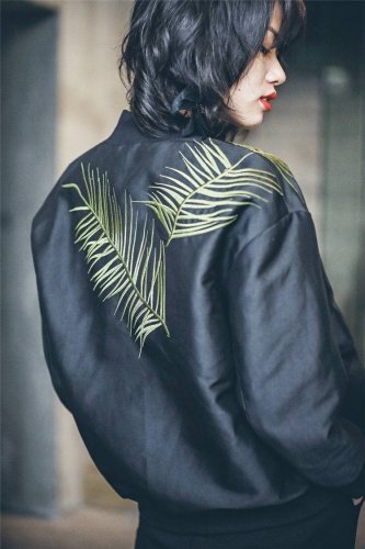 Cakucool Women Black Jacket Leaf Embroidery Bomber Jacket Overcoat Long Sleeve Autumn Casual Large s