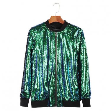 Sequins Green Bomber Jacket Women Coat 2017 Fashion Autumn Long Sleeve Zipper Streetwear Jacket Prep