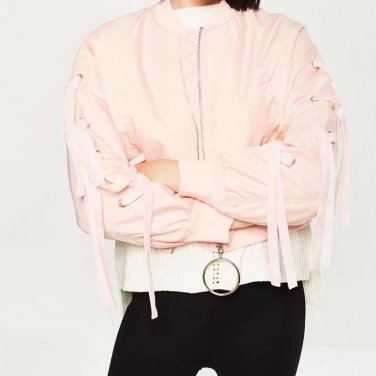 Basic pink bomber jacket coat women Satin lace up pocket biker jacket outerwear Autumn winter casual
