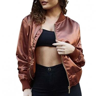 2017 autumn winter short slim satin bomber jacket women full zipper black pink comfortable stand nec