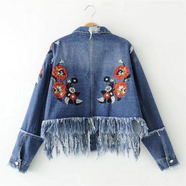 boho tassel floral embroidery denim jacket women coat with tassels Embroideried bomber jacket women 