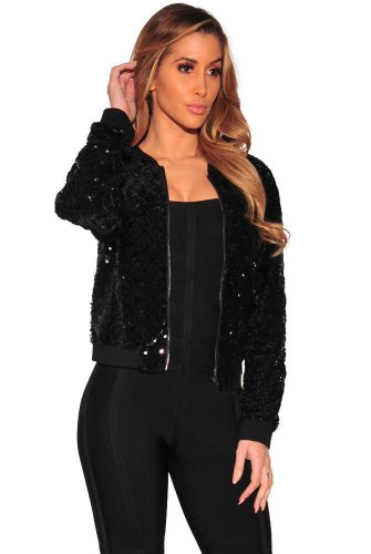 NEW Veste Sequin Femme Short Jackets Women Long Sleeve Zipper Fashion Basic Coats Autumn Bomber Jack