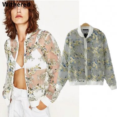 Withered Urban bomber jacket women 2017 The flower prints the flying jacket Organza perspective Zipp