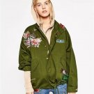 2017 women army green floral embroidery bomber jacket coat patched rivet design loose flight jackets