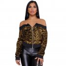 Elegant Party Black Gold Sequins Jacket Sexy Off Shoulder Long Sleeve Zipper Up Bomber Jackets Winte