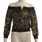 Elegant Party Black Gold Sequins Jacket Sexy Off Shoulder Long Sleeve Zipper Up Bomber Jackets Winte