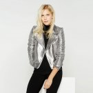 MY MAYAASOS Casual Women Jacket Coat Silver PU Patchwork Bomber Jacket Brief Zipper Button Long Slee