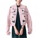 Jacket Women 2017 Embroidery Bomber Jacket Pink Autumn Winter Long Sleeve Coat Female Slim Stand Nec