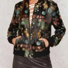 2017 Woman New Black Flower Embroidered Satin Effect Bomber Jacket Long sleeved