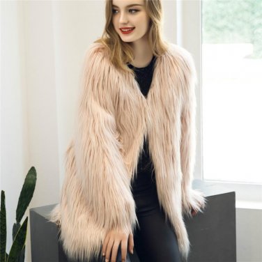 Black Fluffy Longline Faux Fur Coat 2017 Winter New V Neck Long Sleeve Simple High Street Wide Waist