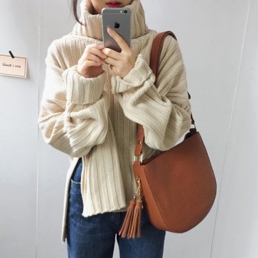 Winter Warm Soft Fluffy Turtleneck Women Split Sweater Oversized Casual Pure Color Long Batwing Slee