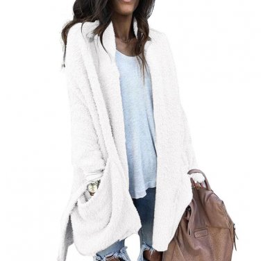 2017 Women Winter Open Front Faux Fur Long Sleeve Loose Solid Asymmetrical Hem Coat Casual Pockets P