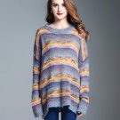 Female Autumn Winter New Soft Warm Mohair Rainbow Stripes Long Style Drop Shoulder Loose Plus Size K