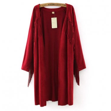 Solid Long Tassel Outwear Jacket Autumn Winter Soft Faux Leather Jackets Women Suede Cardigan Red Bl