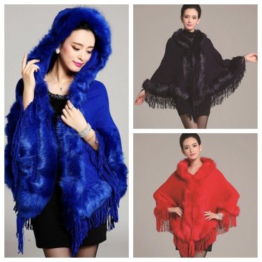 Big Soft Faux Rabbit Fur Women Cape Winter Fashion Warm Tassels Knitted Hooded Woman Coat Thick Fur 