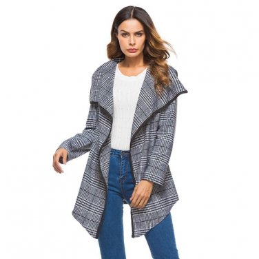 Women Plaid Blazers Check Coat Autumn Winter Long Sleeve Cardigan Waterfall Long Jacket Asymmetric O