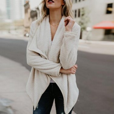 2017 Autumn Winter Womens Warm Plush Jackets Fashion Long Sleeve Lapel Collar Open Front Cardigans C