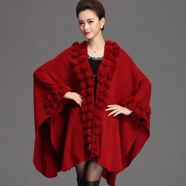 Autumn and winter loose Large size Women cape shawl coat fur irregular wool knit cloak jacket Cardig