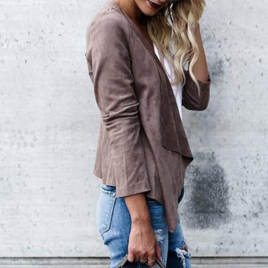 Stylish Long Sleeve Autumn Winter Coat Lapel Neck Solid Fuax Fur Outwear Office Ladies Cardigan Asym