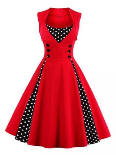 Red Double-Breasted Polka Dots Women\'s Day Dress