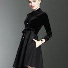 Black Velvet Patchwork Women\'s Long Sleeve Dress