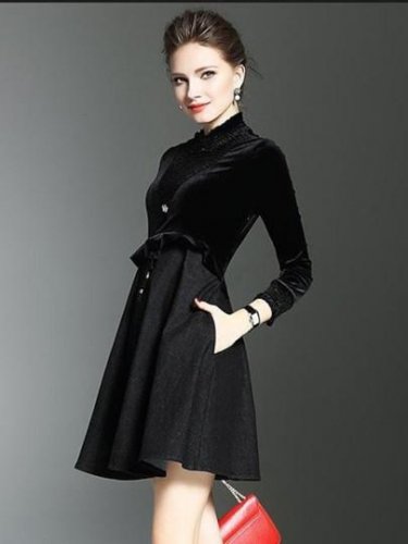 Black Velvet Patchwork Women\'s Long Sleeve Dress