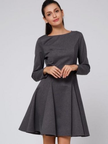 Gray Round Neck A-Line Long Sleeve Dress