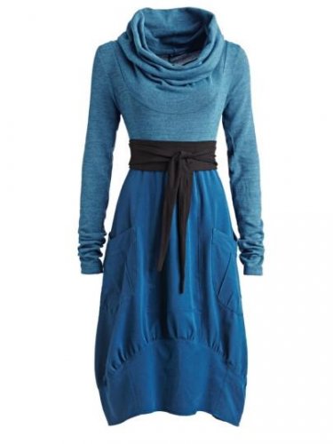 Top Quality Heap Collar Belt Women\'s Long Sleeve Dress