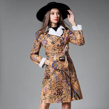 2018 Winter Women\'s Leather Jackets Long Sleeves Floral Printed Suede Jacket Turn-down Collar Sashe