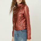 Fashion Spring Autumn Women Soft Faux Washed Leather Jacket Long Sleeve Zipper Red Pink  Motorcycle 