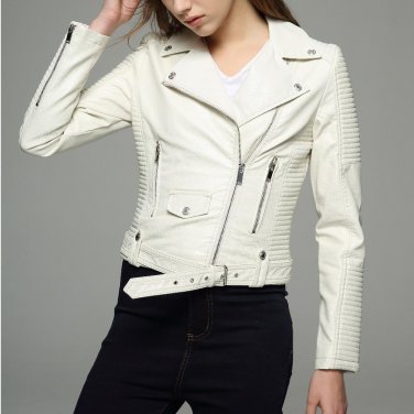 Long sleeves womens jackets 2017 black beige white leather clothing slim motorcycle leather jacket w