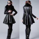 2015 New Design Long Leather Trench Coat With Luxury Fox Fur Collar Female Slim Washed Leather Jacke